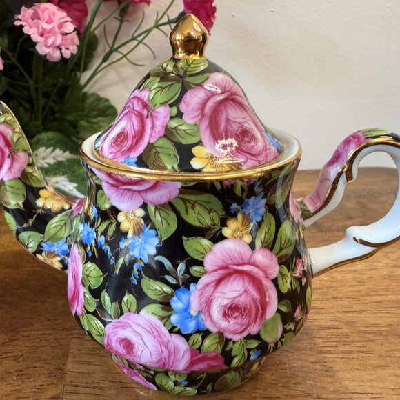 Royal Staffordshire Black Chintz Rose Teapot Floral Cup Gold Trim Pink Blue - Picture 3 of 8